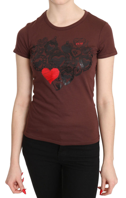 Exte Chic Brown Hearts Printed Short Sleeve Top