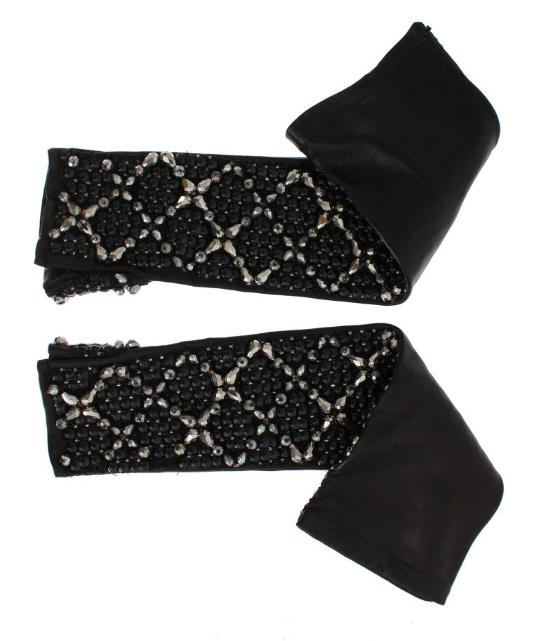 Dolce & Gabbana Elegant Black Crystal Beaded Leather Gloves