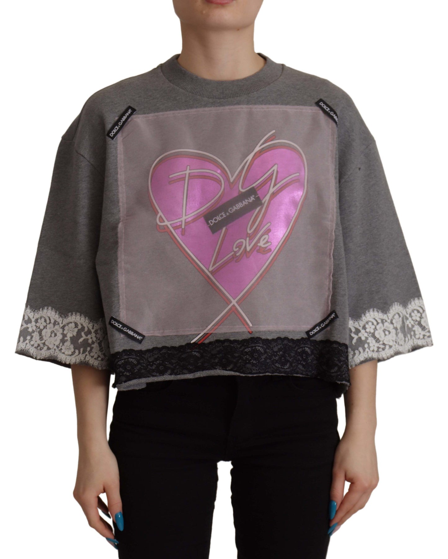 Dolce & Gabbana Chic Grey Cotton Heart Tee with Bell Sleeves