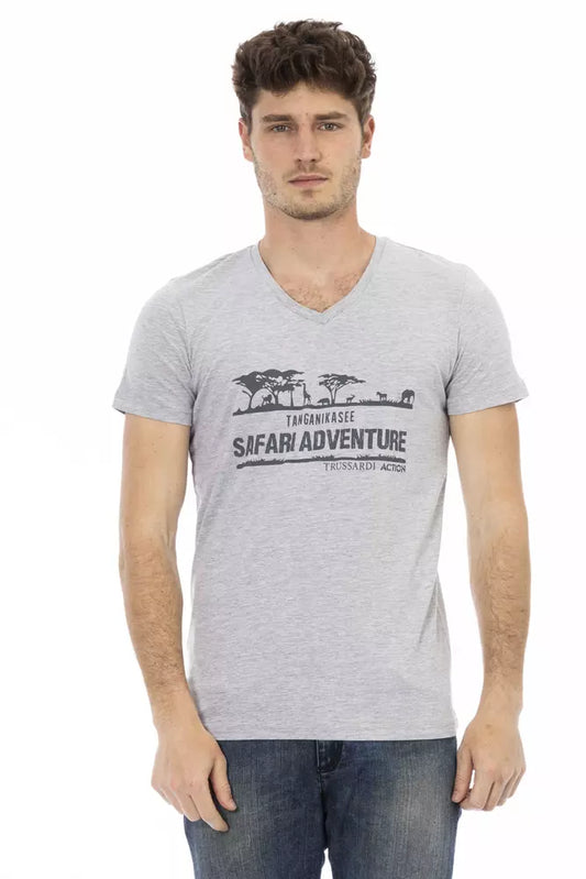 Trussardi Action Gray Cotton Men V-Neck T-Shirt