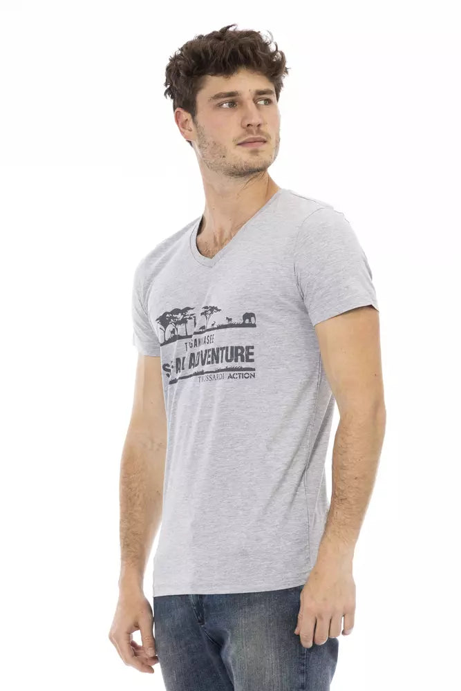 Trussardi Action Gray Cotton Men V-Neck T-Shirt