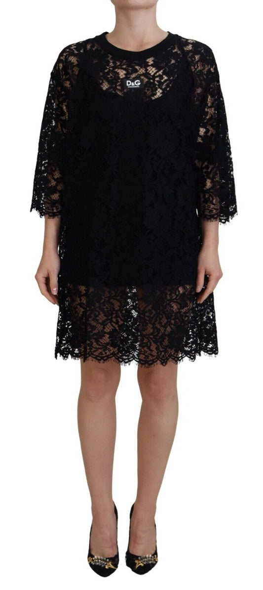 Dolce & Gabbana Elegant Black Floral Lace Shift Dress