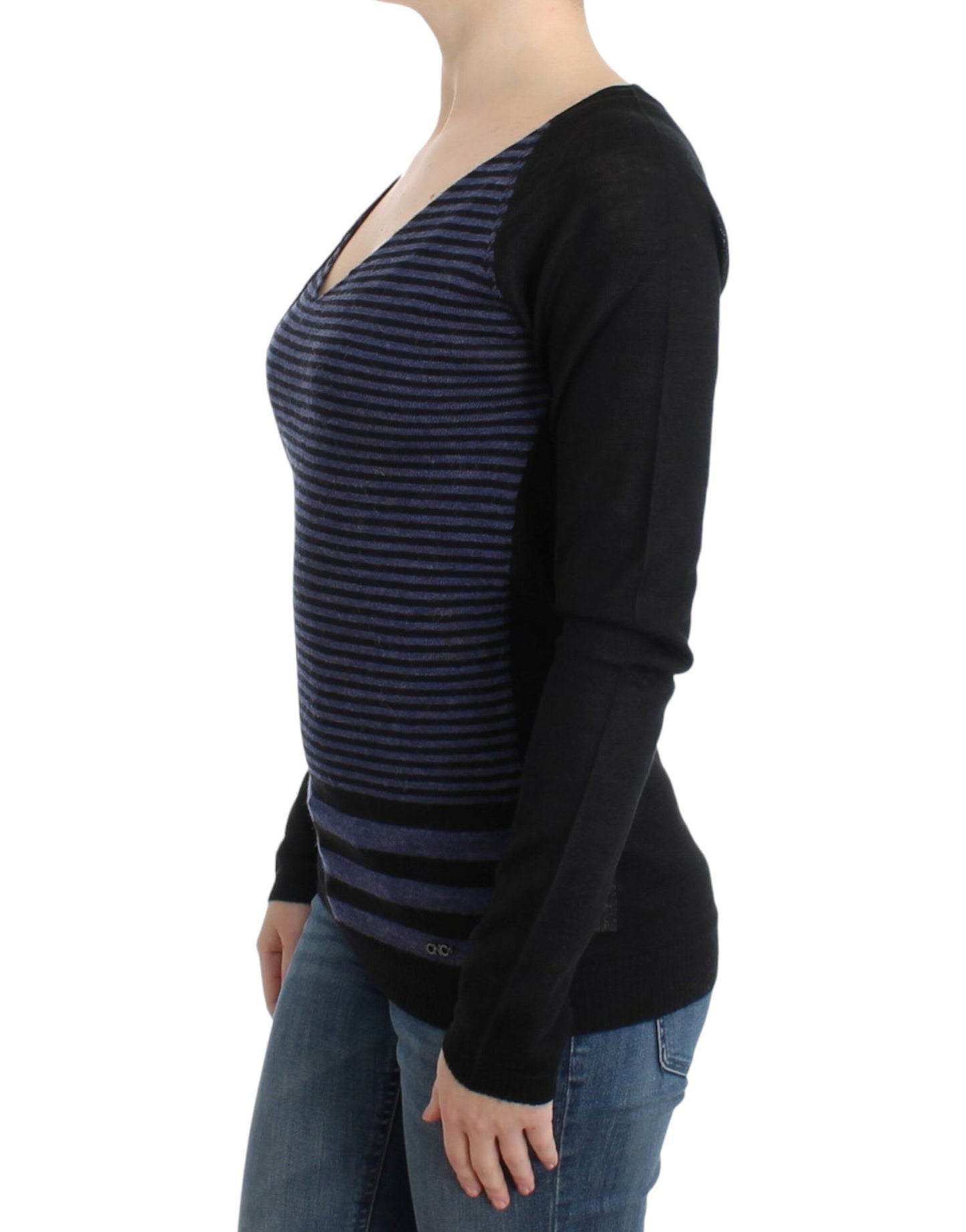 Costume National Chic Striped V-Neck Wool Blend Sweater