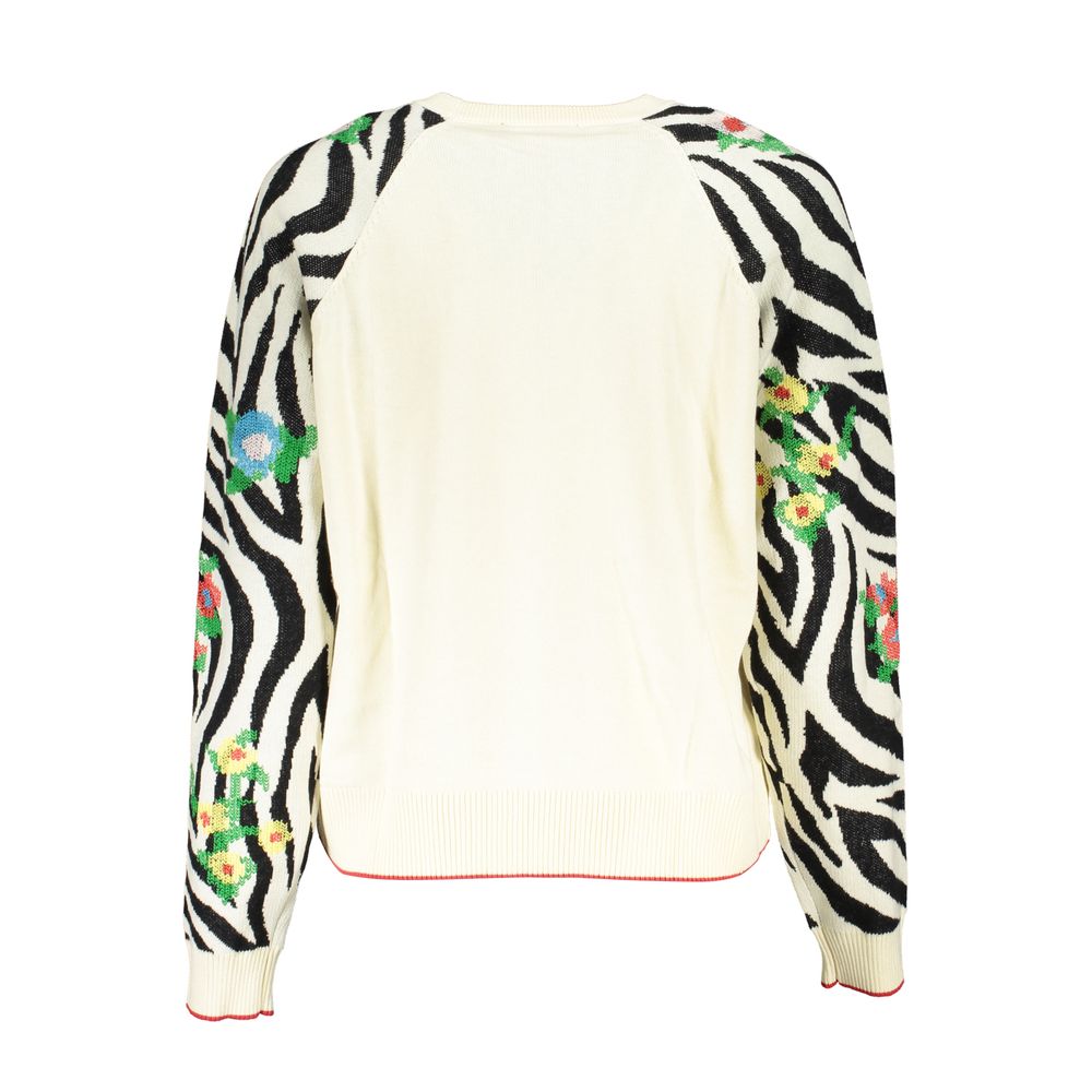 Desigual Elegant White Crew Neck Sweater with Contrast Details