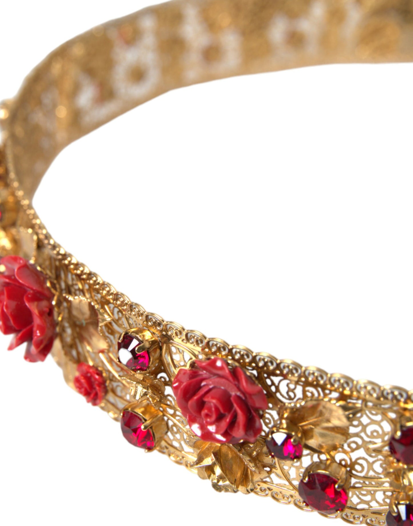 Dolce & Gabbana Gold Brass Red Roses Crystal Jewel Waist Belt