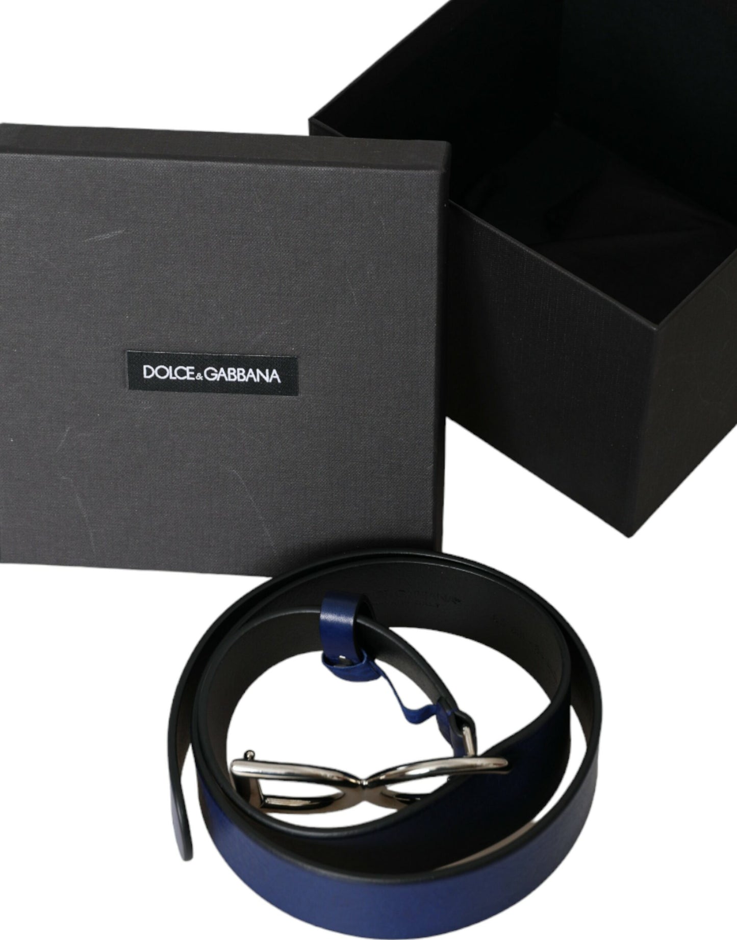 Dolce & Gabbana Blue Leather Silver Metal Logo Buckle Belt Men