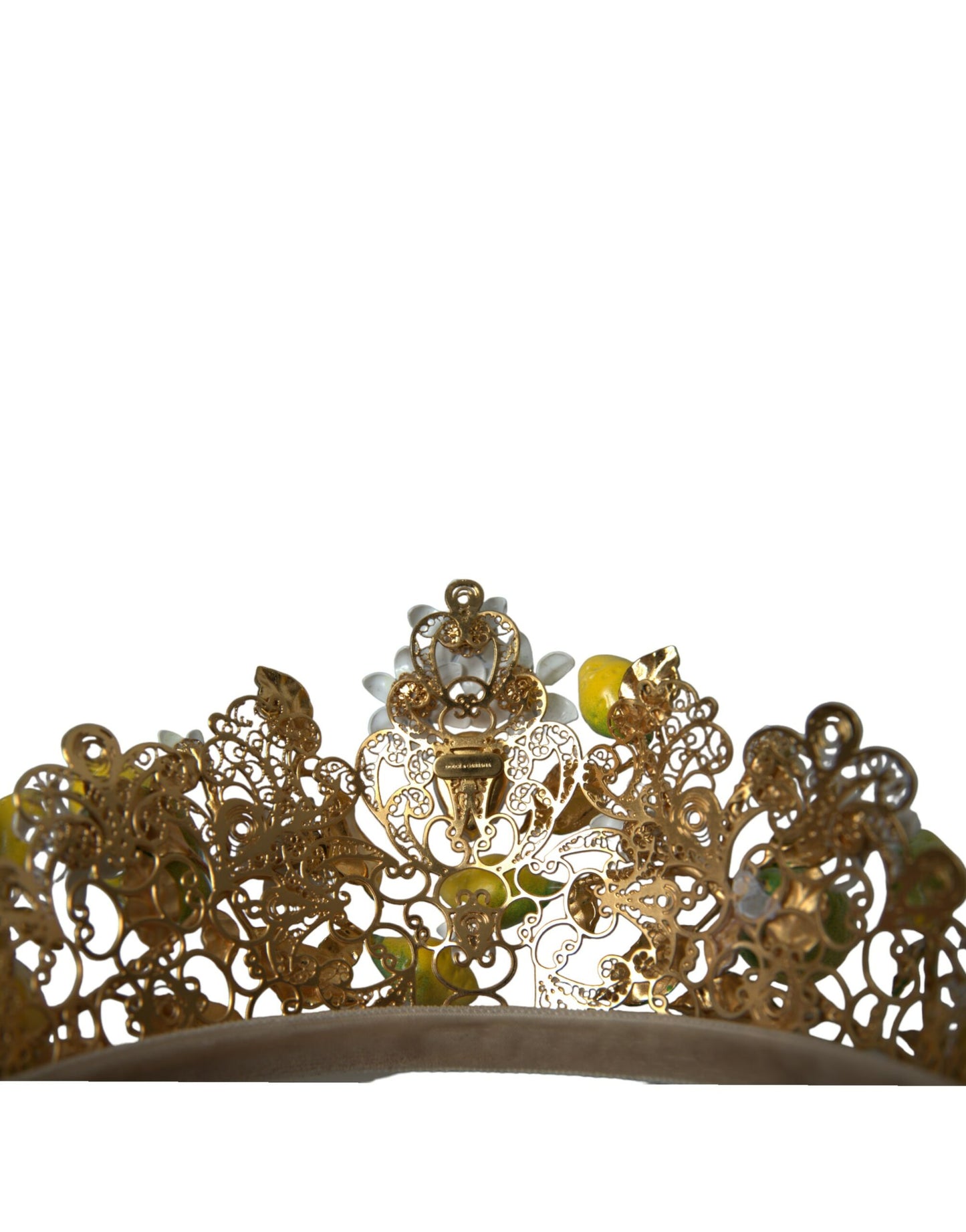 Dolce & Gabbana Gold Tone Brass Crystal Sicily Lemon Head Crown Tiara