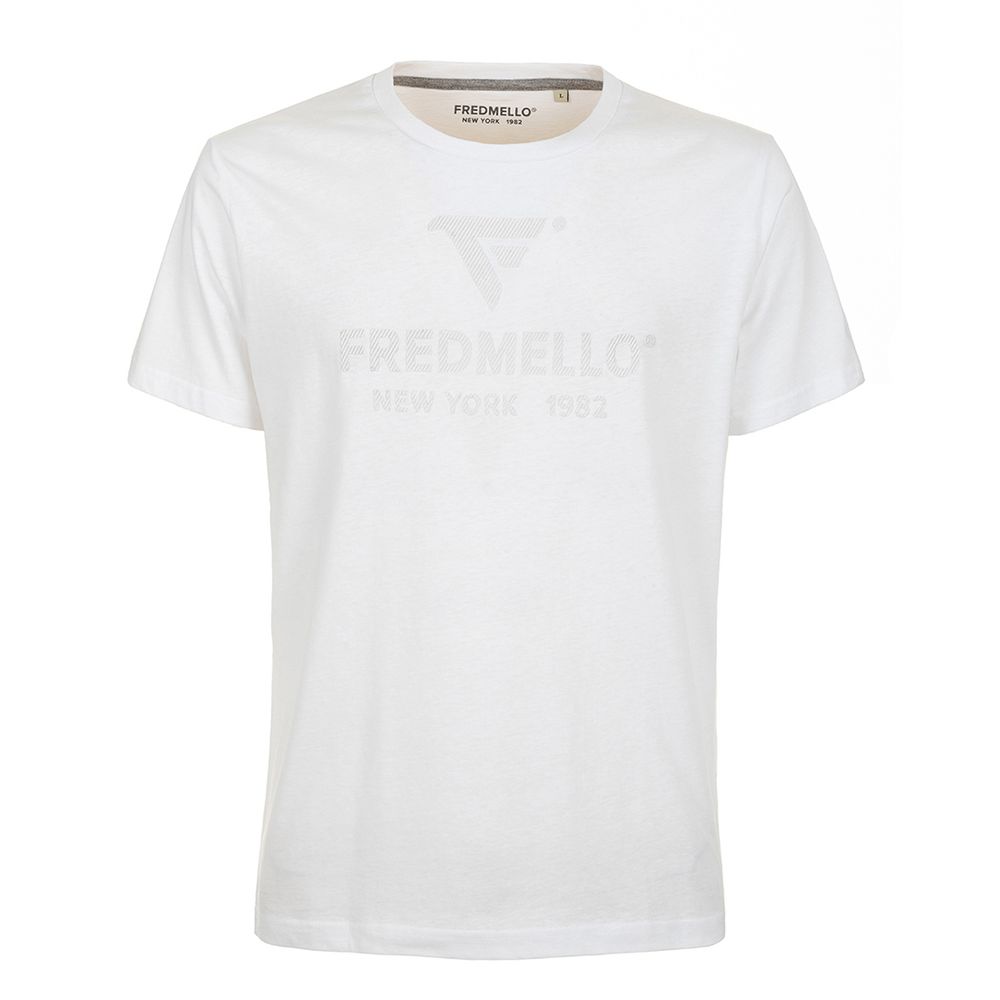 Fred Mello Crisp White Cotton Crewneck Tee with Front Design