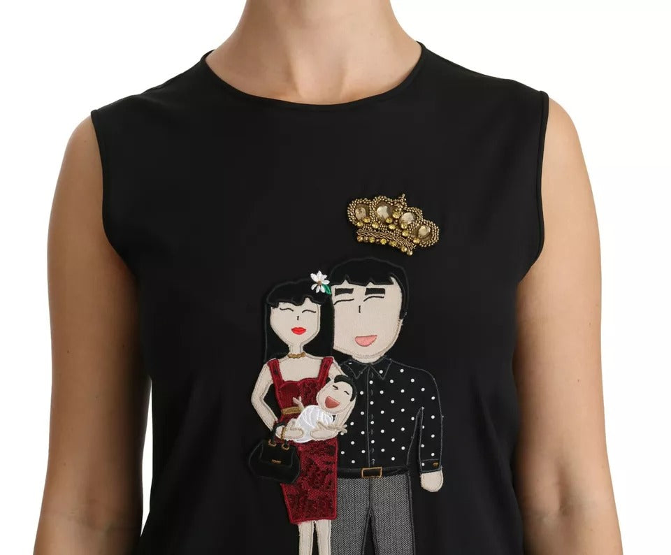 Dolce & Gabbana Black Silk DG Family Crystal Sleeveless Top