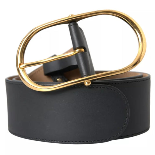 Dolce & Gabbana Black Leather Gold Oval Metal Buckle Belt