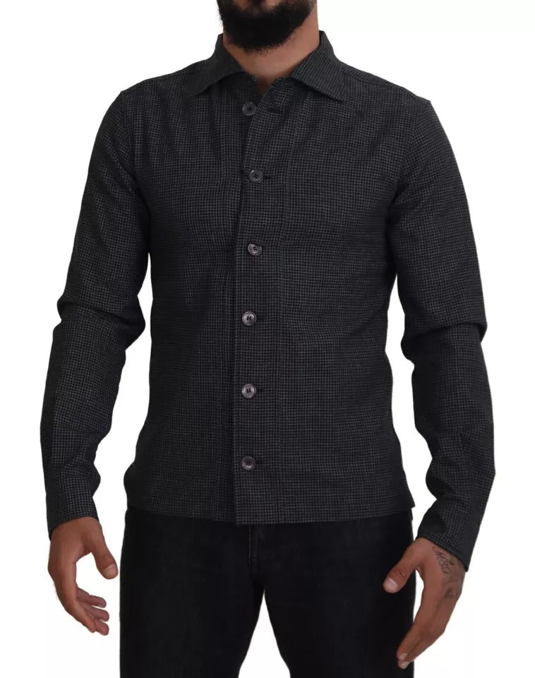 Dolce & Gabbana Black Gray Checkered Long Sleeves Collared Casual Shirt