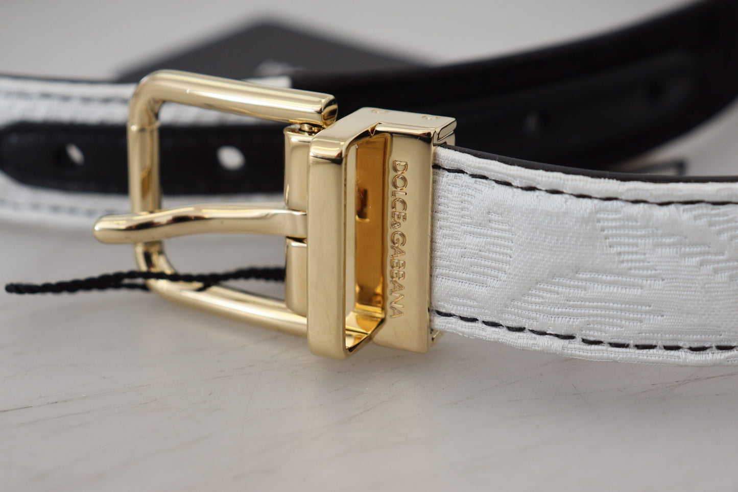 Dolce & Gabbana White Black Patchwork Gold Metal Buckle Belt