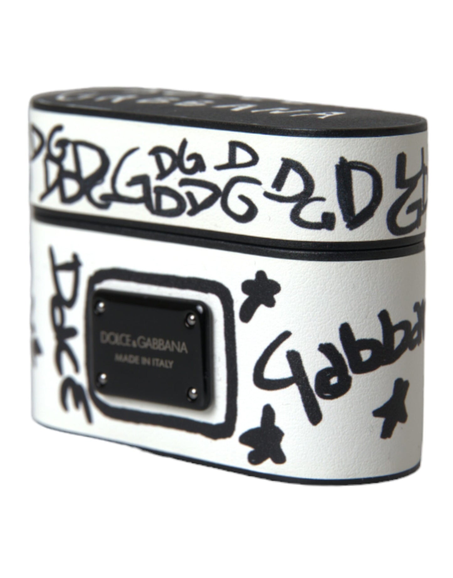 Dolce & Gabbana Black White Leather Scribble Embossed Logo Airpods Case