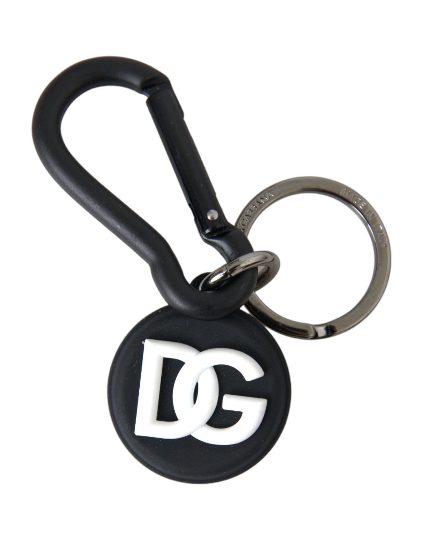 Dolce & Gabbana Black White Rubber DG Logo Round Metal Keyring Keychain