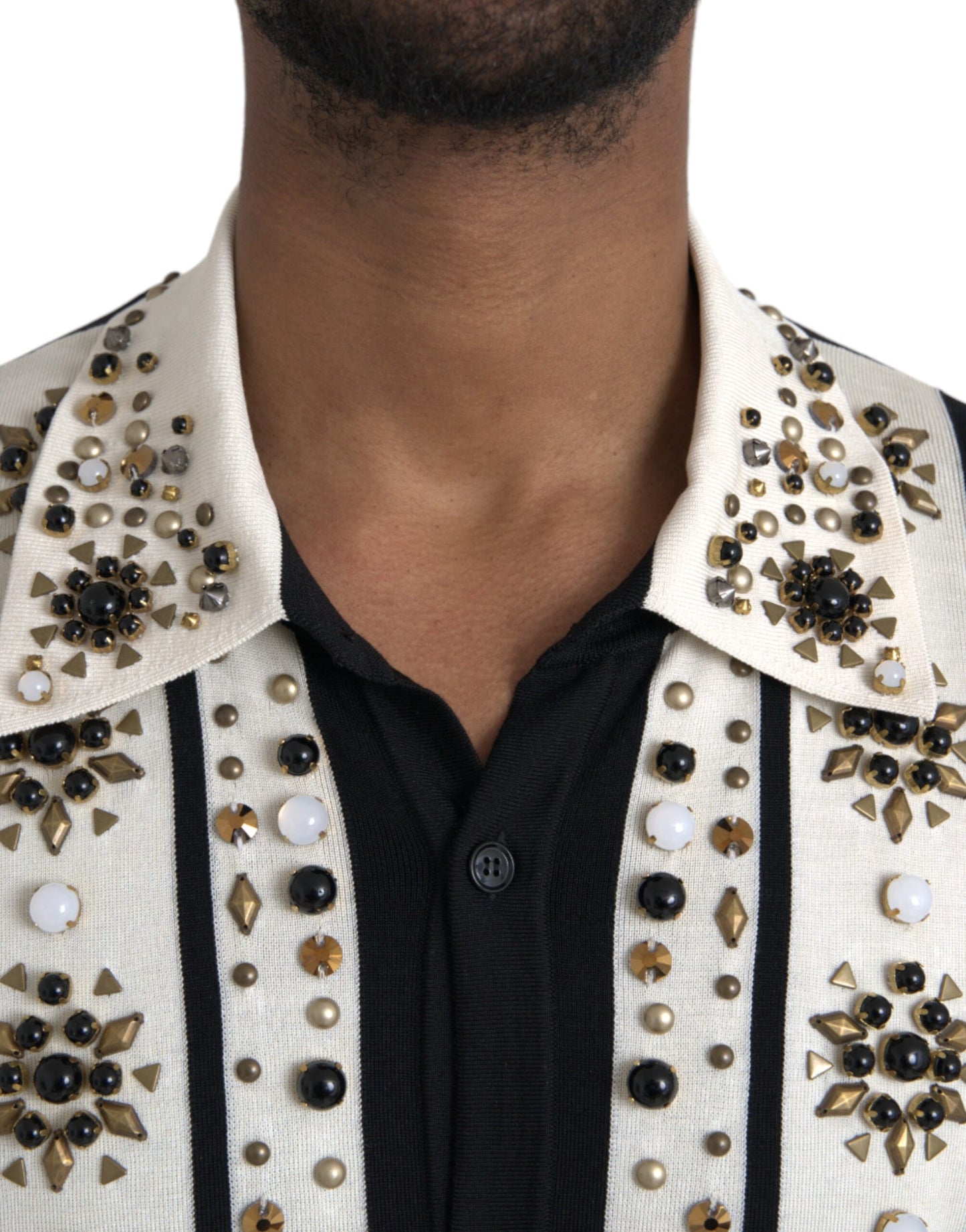 Dolce & Gabbana White Black Silk Studded Stone Crystal Shirt