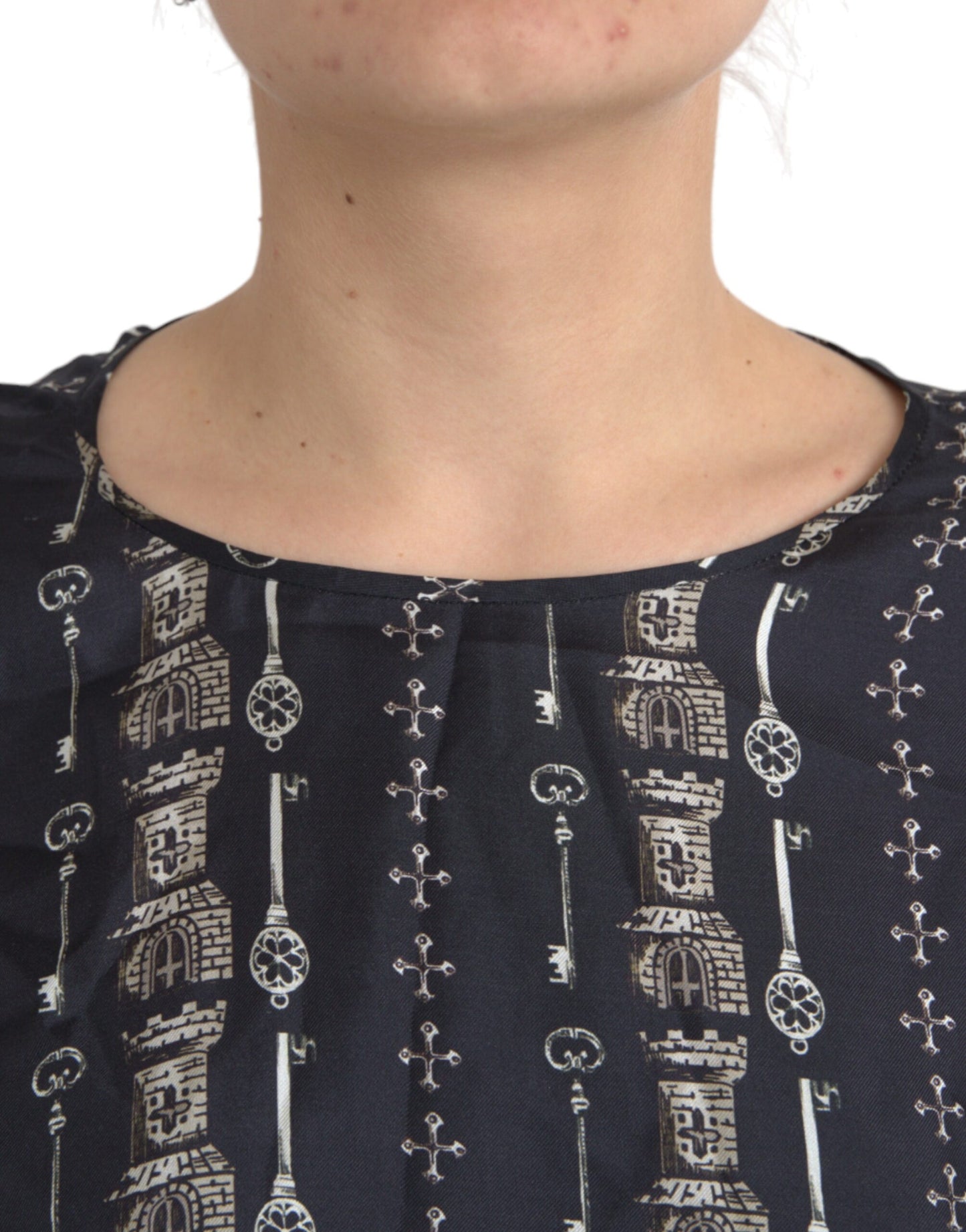 Dolce & Gabbana Black Key Castle Print Silk Blouse T-shirt