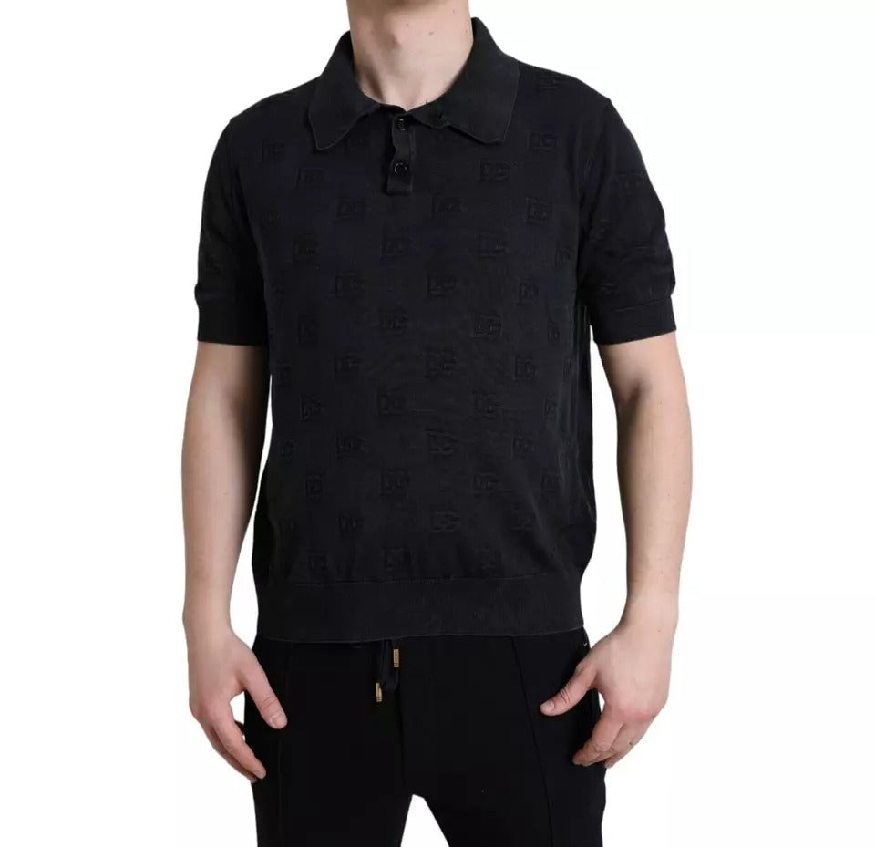 Dolce & Gabbana Black DG Logo Silk Jacquard Polo T-shirt