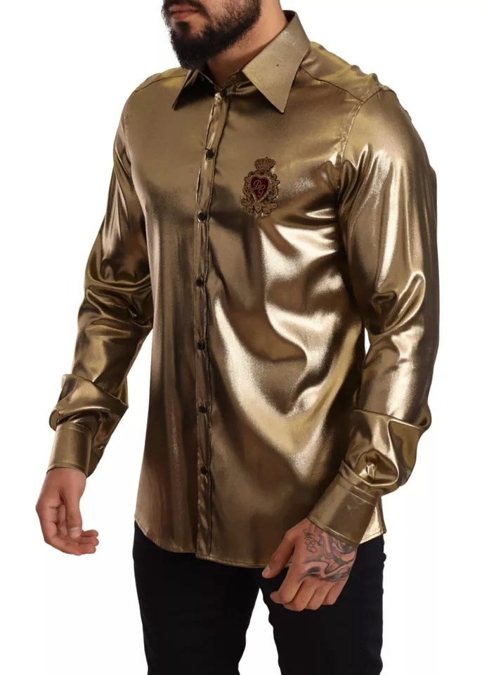 Dolce & Gabbana Metallic Gold DG Embroidered Crown Silk Top Shirt