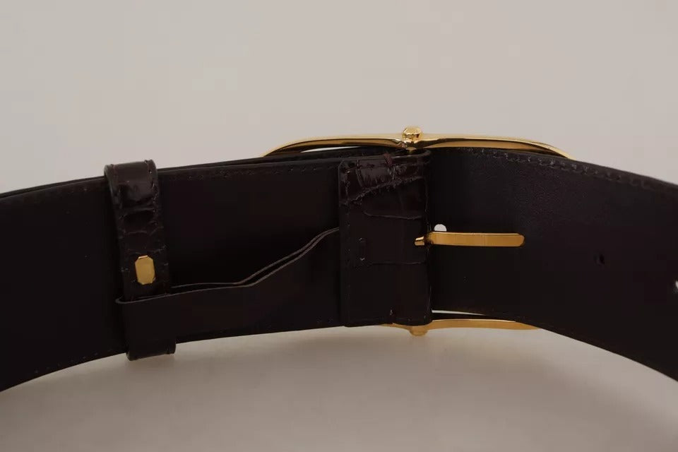 Dolce & Gabbana Brown Crocodile Pattern Leather Gold Oval Buckle Belt