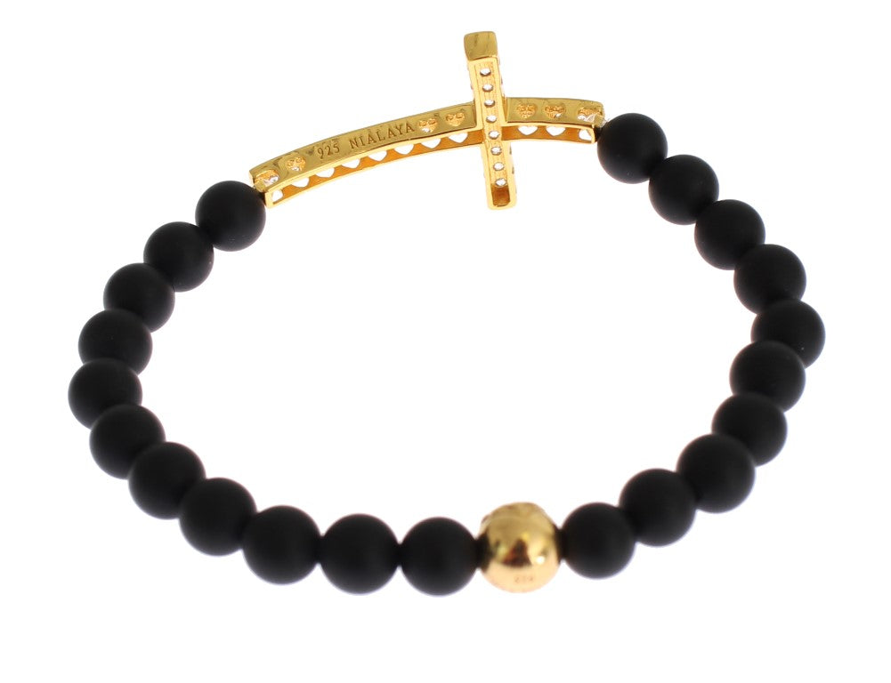 Nialaya Chic Matte Onyx Bead & CZ Diamond Cross Bracelet